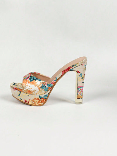 Chic Apricot Floral Print High Heel Platform Sandals - Perfect for Indoor and Outdoor Fashion!