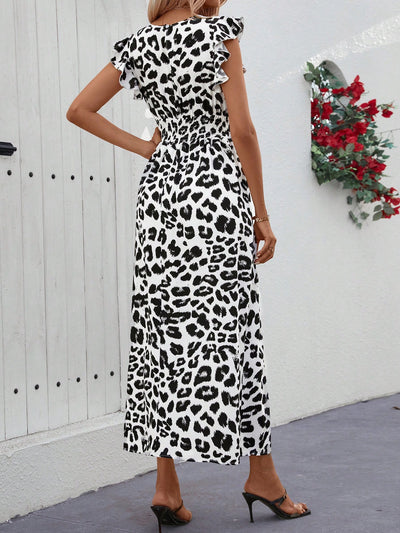 Roar in Style with our Leopard Print Ruffle Trim Split Thigh Dress