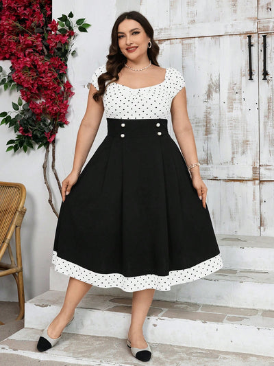 Retro Chic: Vintage Polka Dot Dress with Faux Pearl Accents and Puff Sleeves