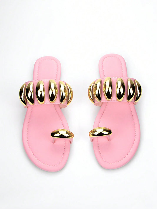 Pretty in Pink: Stylish Lycra Flat Sandals with Gold Buckle Detail