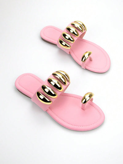 Pretty in Pink: Stylish Lycra Flat Sandals with Gold Buckle Detail