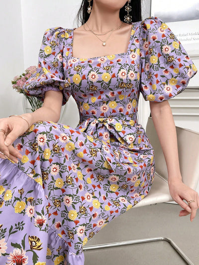 Summer Garden Party Dress: Floral Print Square Neck Short Puff Sleeve Ruffle Hem Dress