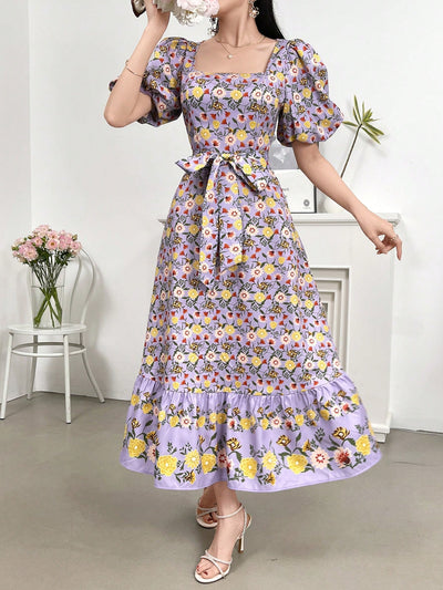 Summer Garden Party Dress: Floral Print Square Neck Short Puff Sleeve Ruffle Hem Dress