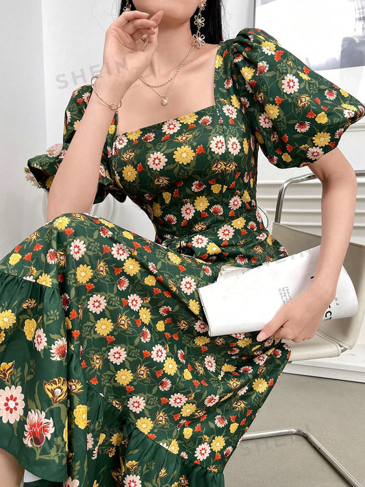 Summer Garden Party Dress: Floral Print Square Neck Short Puff Sleeve Ruffle Hem Dress