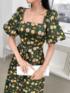 Summer Garden Party Dress: Floral Print Square Neck Short Puff Sleeve Ruffle Hem Dress