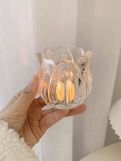 Stylish Tulip Glass Candle Holder Set with Tray Base