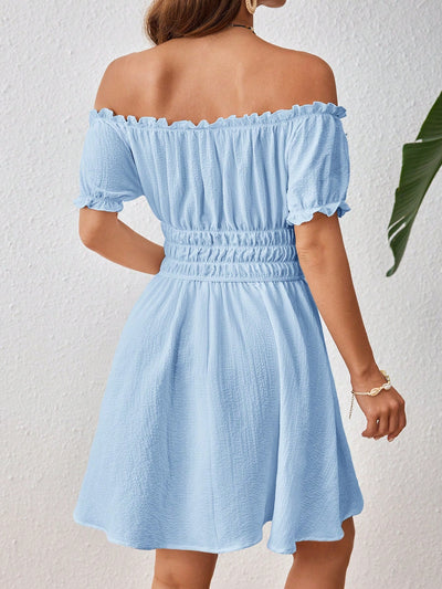 Chic Summer Ruffle Dress with One-Line Shoulder - Perfect for Beach Getaways