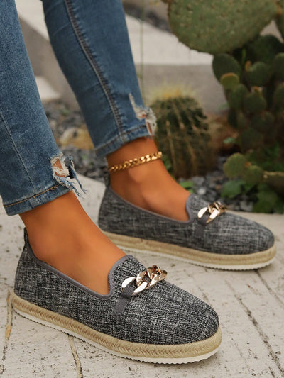 Chain-Embellished Waterproof Woven Single Shoes: Stylish Vintage Flats