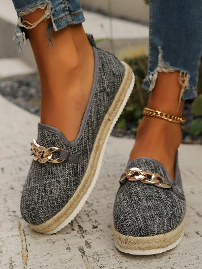 Chain-Embellished Waterproof Woven Single Shoes: Stylish Vintage Flats