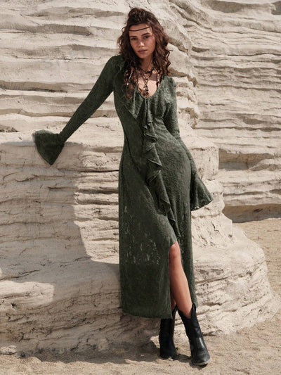 Spring/Summer Western Patchwork Dress with Ruffle Hem and Bell Sleeves