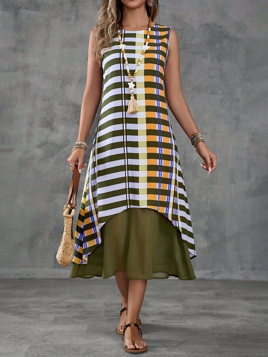 Introducing the chic and trendy Color Block Striped Printed Sleeveless Dress, the perfect addition to your wardrobe. This dress features a unique color block and stripe design, making it a versatile and stylish option for any occasion. Its sleeveless and lightweight design makes it perfect for warmer weather, while its flattering fit will make you stand out from the crowd. Don't miss out on this must-have piece!