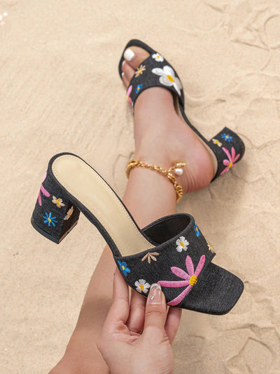 Summer Ready: Apricot Embroidered Flower Mules with Chunky Heels