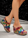 Add a unique touch to your wardrobe with our Colorful Snake Print Butterfly Flower Plus Size Wedge Sandals with Platform. The bold and vibrant snake print design is accented with a butterfly and flower detail, making these sandals truly one-of-a-kind. With a comfortable wedge heel and platform, these sandals are perfect for all-day wear.