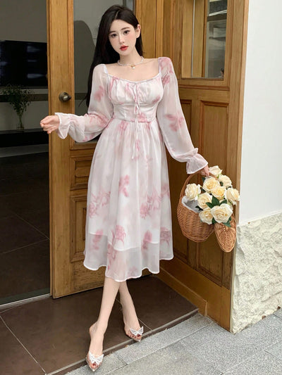 Floral Bliss: Women's Elegant Long Dress with Square Collar and Flare Sleeves