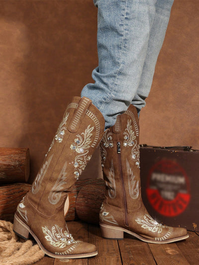 Sparkly Rhinestone Western Cowboy Boots for Women - Retro Knee-High Vintage Style with Classic Embroidery and Chunky Heel