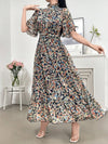 Elegant Arabian Floral Dress with Stand Collar and Short Sleeves