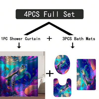 Vibrant Oceanic Adventure Shower Curtain Set – Colorful Sea Turtle Design with 12 Hooks