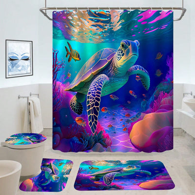 Vibrant Oceanic Adventure Shower Curtain Set – Colorful Sea Turtle Design with 12 Hooks