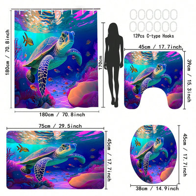 Vibrant Oceanic Adventure Shower Curtain Set – Colorful Sea Turtle Design with 12 Hooks