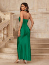 Pleated Perfection: Solid Color Halter Neck Dress with Side Slit