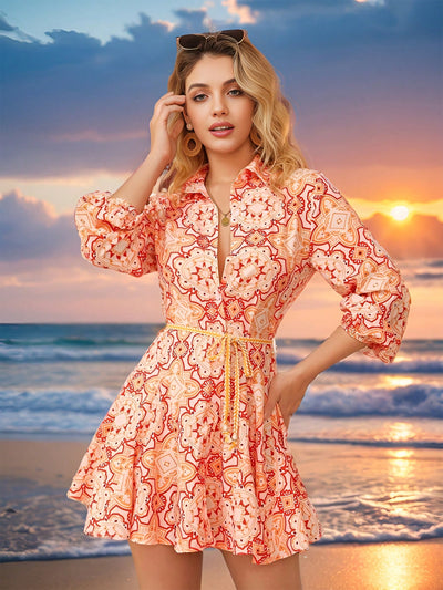 Boho Chic Vibes: Random Printed Lantern Sleeve Belted Shirt Dress