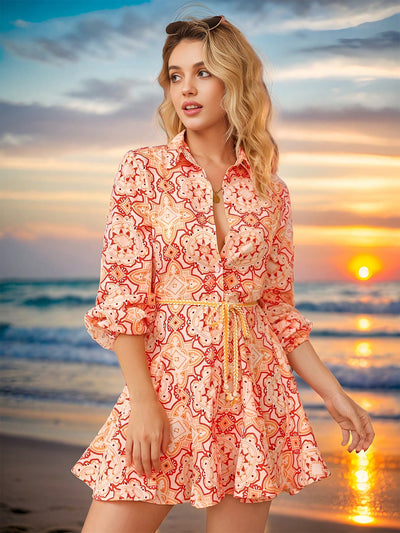 Boho Chic Vibes: Random Printed Lantern Sleeve Belted Shirt Dress