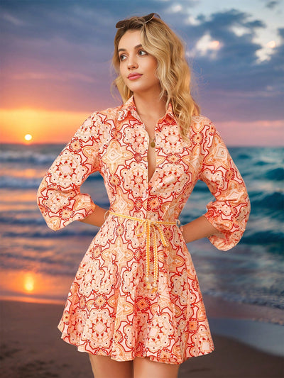 Boho Chic Vibes: Random Printed Lantern Sleeve Belted Shirt Dress