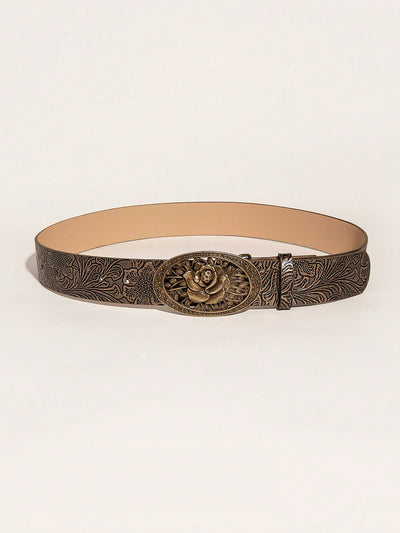 Vintage Embossed Western Cowgirl Belt with Elegant Rose Buckle