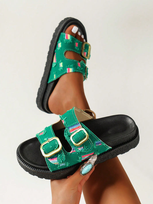 Elevate Your Style with Women's Thick-Soled Flat Sandals: Buckle Decoration and Open-Toe Design