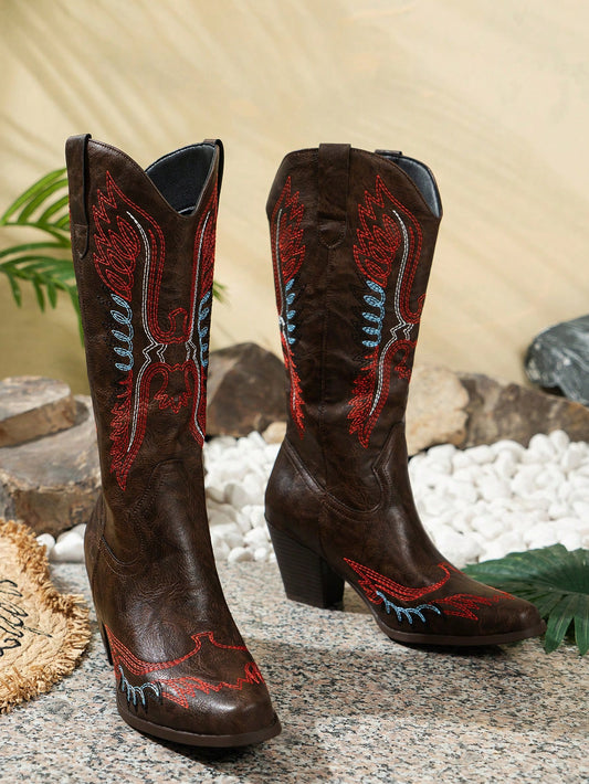 Western Chic: Women's Embroidered Chunky Heel Fashion Boots