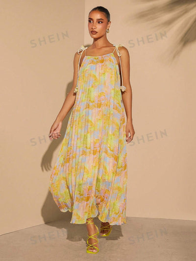 Stylish Summer Vibes: Pleated Print Tie-Strap Dress