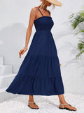Navy smocked bodice tiered maxi sundress with spaghetti straps
