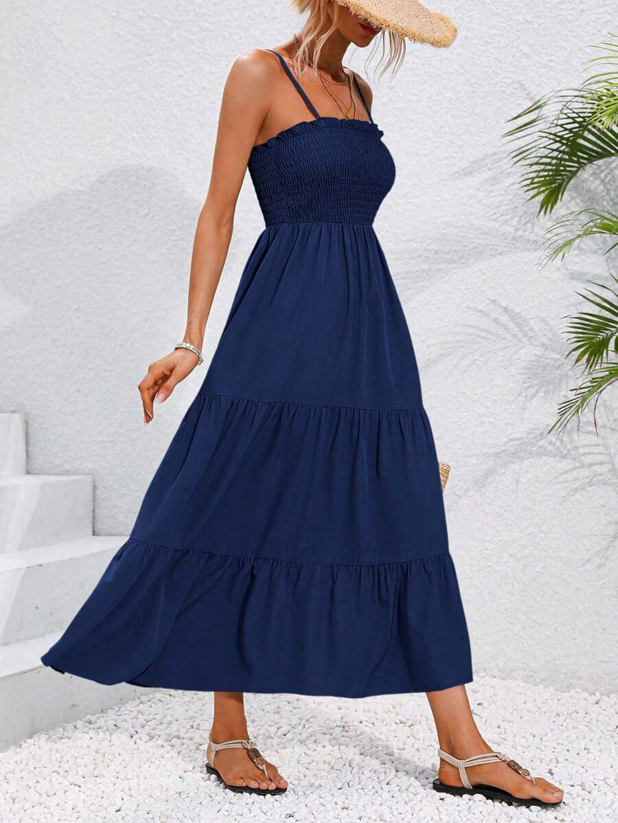 Navy smocked bodice tiered maxi sundress with spaghetti straps
