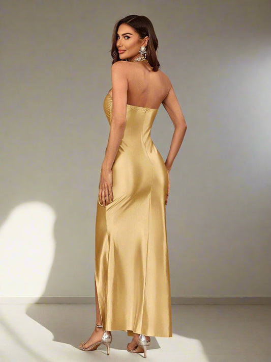 Pleated Perfection: Solid Color Halter Neck Dress with Side Slit