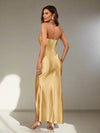 Pleated Perfection: Solid Color Halter Neck Dress with Side Slit