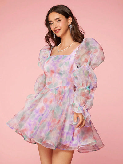 Enchanted Garden: Colorful Puff Sleeve Tie-Dye Dress for Women