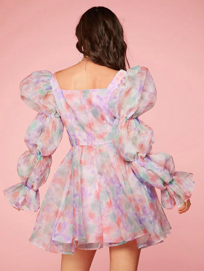 Enchanted Garden: Colorful Puff Sleeve Tie-Dye Dress for Women