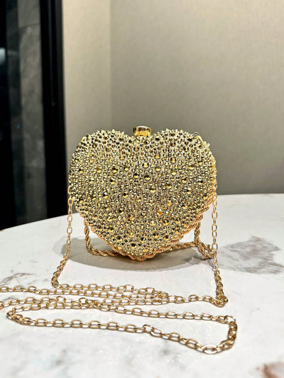 Elegant Heart-Shaped Gold Crystal Clutch Bag for Sophisticated Evenings