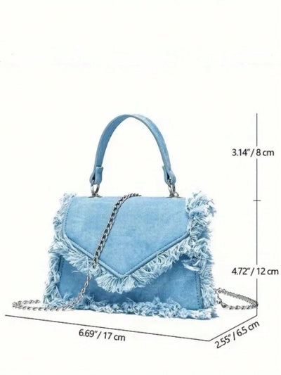 Chic Denim Effect Tie Dye Crossbody Bag with Fringe Detail and Metal Chain Strap