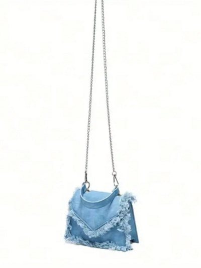 Chic Denim Effect Tie Dye Crossbody Bag with Fringe Detail and Metal Chain Strap