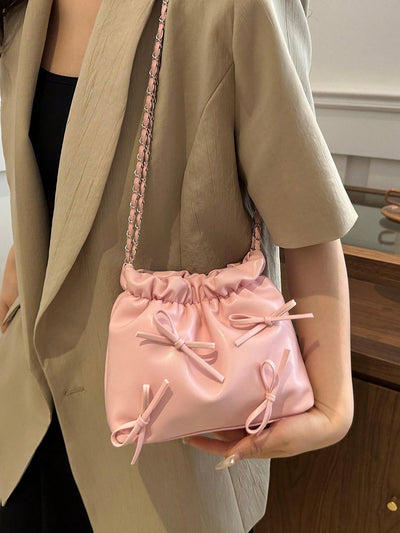 Chic Solid Color Bowknot PU Leather Shoulder Bag: Fashionable Tote for Women and Girls