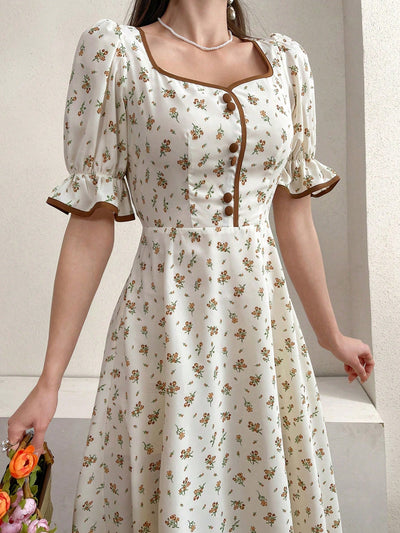 Floral Charm: Women's Sweetheart Neckline Ruffled Sleeve Dress