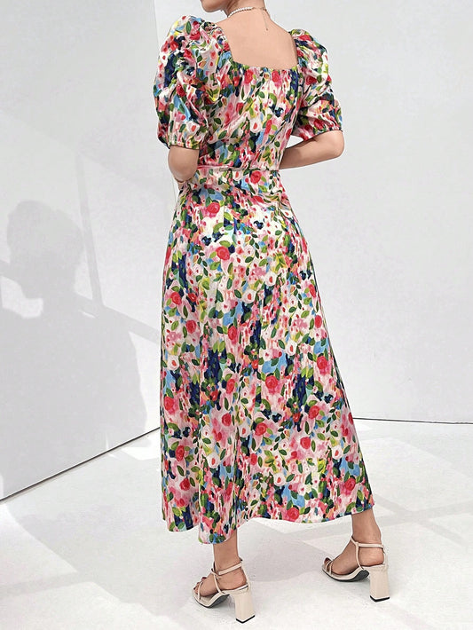 Chic Floral Square Neck Casual Dress for Effortless Holiday Style