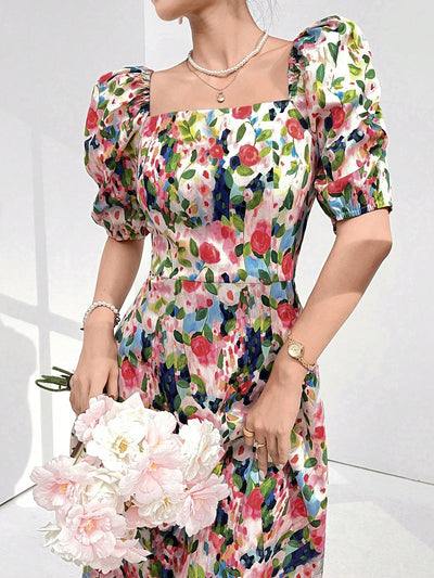 Chic Floral Square Neck Casual Dress for Effortless Holiday Style