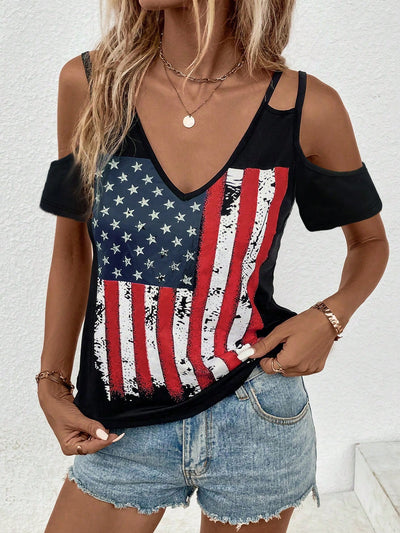 This fashionable American Flag Printed Cold Shoulder 4th of July T-Shirt is perfect for showing off your patriotic spirit. With its trendy cold shoulder design and vibrant American flag print, you'll be able to celebrate Independence Day in style. Made with high-quality materials, this shirt is both comfortable and stylish.