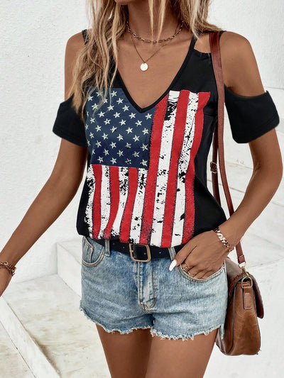 Fashionable American Flag Printed Cold Shoulder 4th of July T-Shirt