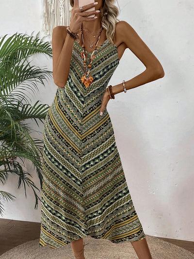 Bohemian Bliss: Floral Printed V-Neck Spaghetti Strap Maxi Dress for Effortless Vacation Style