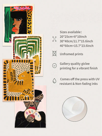 4pcs Set: Artistic Animal Print Paintings for Home Decor - Gold Leopard & Lion