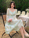 Floral Bliss: Women's Elegant Long Dress with Square Collar and Flare Sleeves