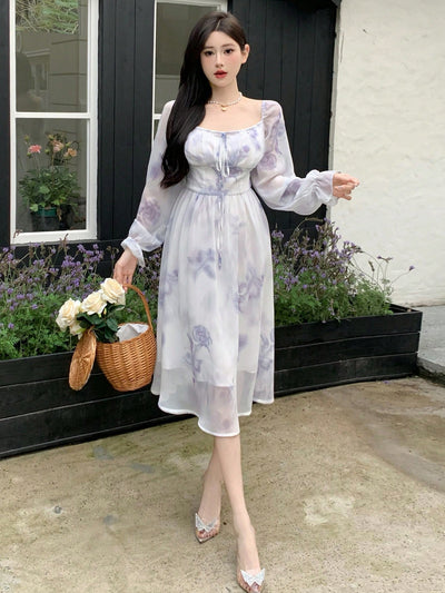 Floral Bliss: Women's Elegant Long Dress with Square Collar and Flare Sleeves